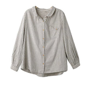 Retro Cotton Linen Long Sleeve Blouse Striped Brushed Original Art