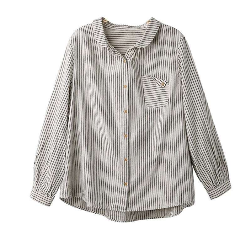 Retro Cotton Linen Long Sleeve Blouse Striped Brushed Original Art