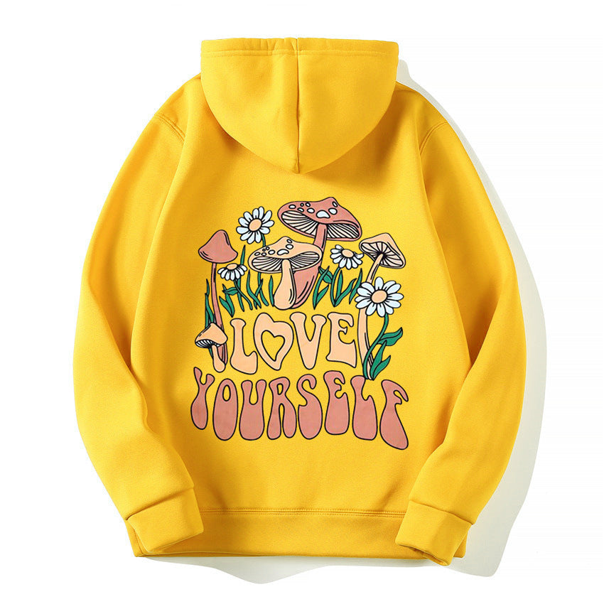 Plus Size Cute Mushroom Slogan Cozy Pullover Hoodie