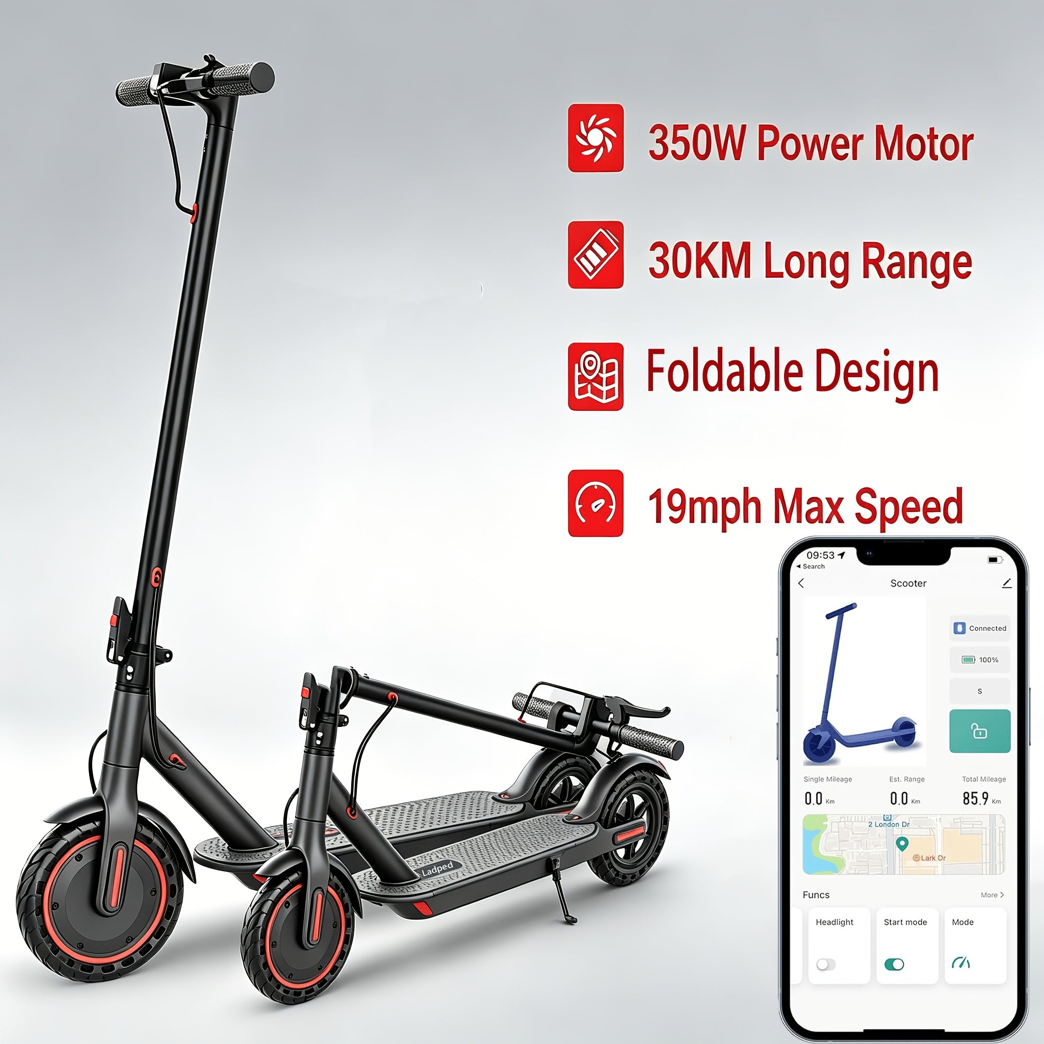 Folding Electric Scooter with Optional 350W or 500W Motor, High-Capacity Battery, Anti-Skid Solid Tires, Long Range, Adjustable Speed up to 20 MPH, Designed for Adult Commuting