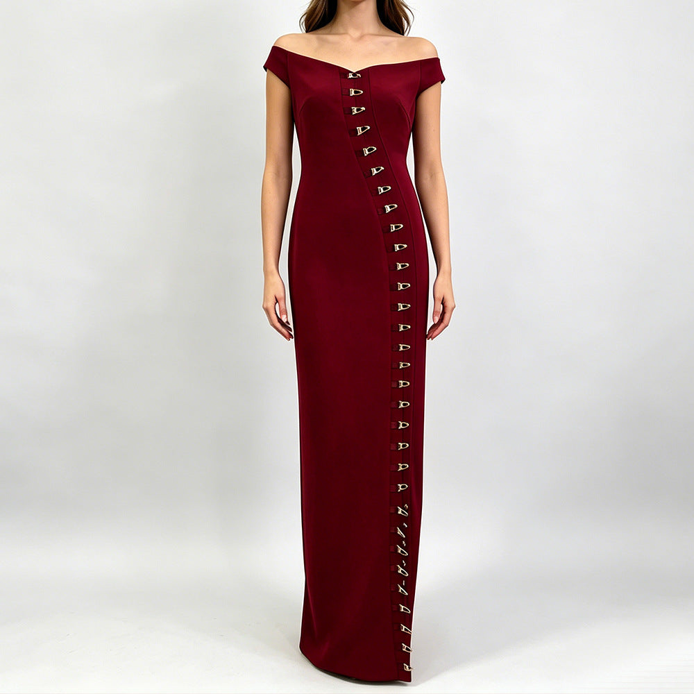Off-Shoulder Metal Button Slit Maxi Dress