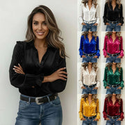 Velvet Lapel-Button Long-sleeve Shirt for Women