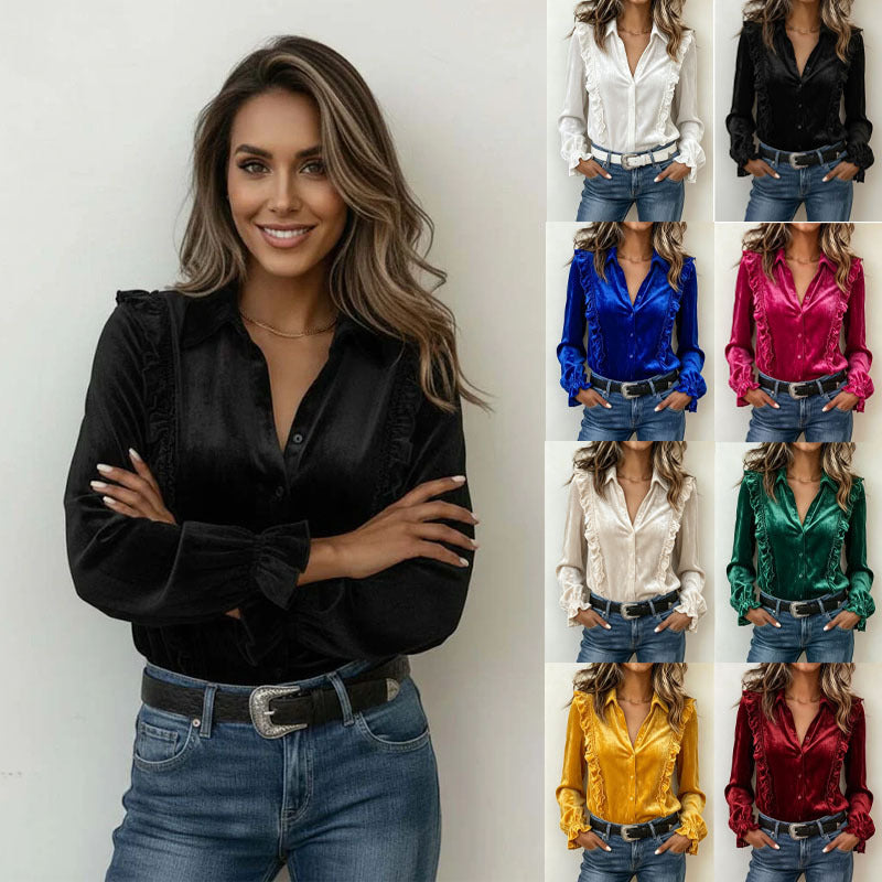 Velvet Lapel-Button Long-sleeve Shirt for Women