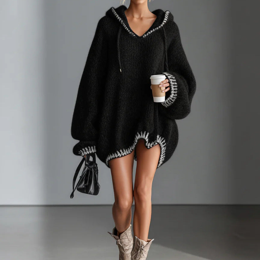 Fashion Color Contrast Stitching Sweater Long Sleeve Hooded Sweater