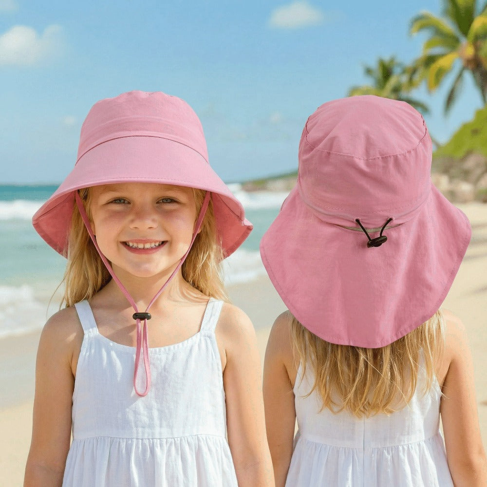 Kids Outdoor Sun Hat with Windproof Rope, Adjustable Drawstring and Ponytail Hole – Nylon Fisherman Style
