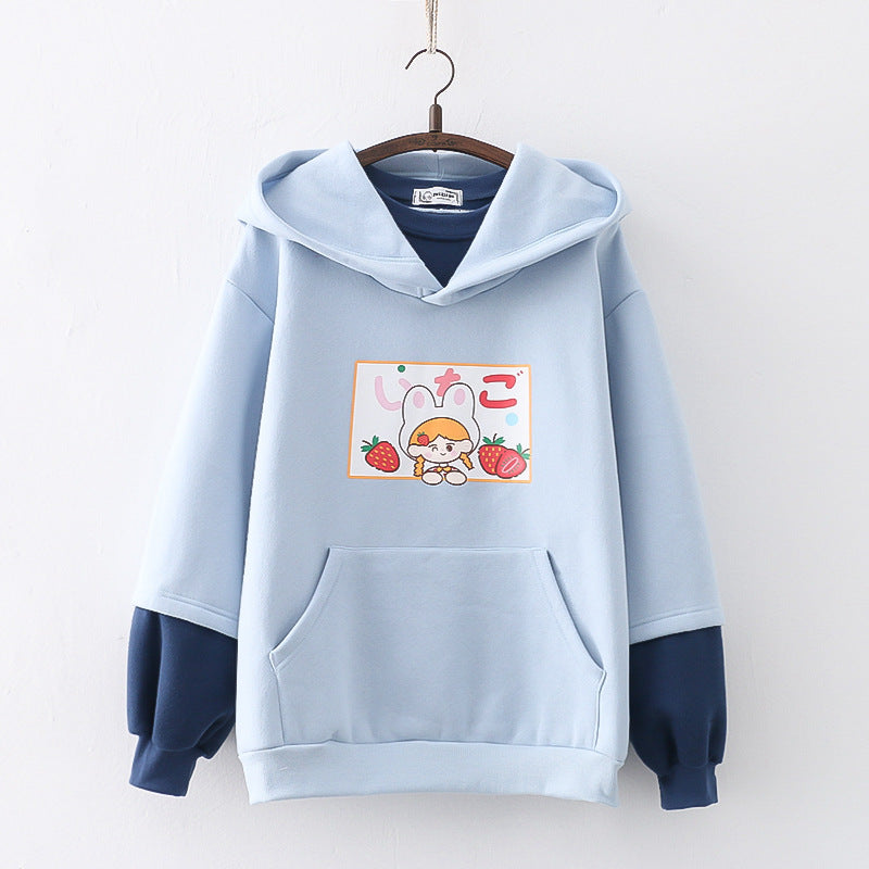 Strawberry Printed Fleece Padded Sweater For Girls