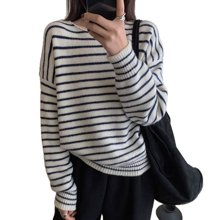 Korean-style Striped Knitted Casual Sweater Top for Women