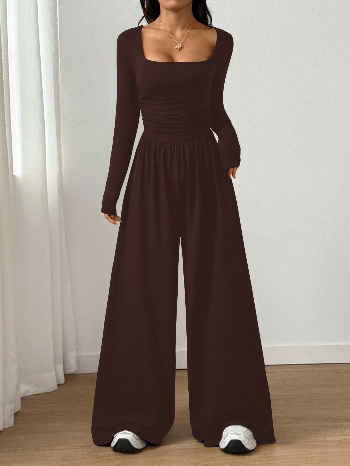 2026 Spring Fall Women's Casual Solid Color Square Neck Long Sleeve A-Line Jumpsuit Pleating Wide Leg Loose Mopping Jumpsuit