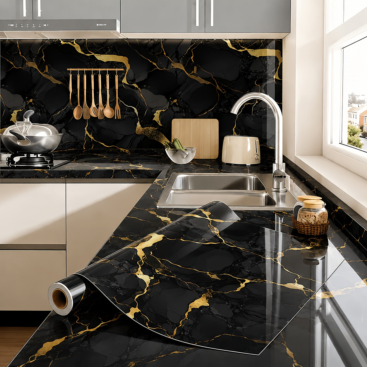 Self-adhesive imitation marble wall stickers for quick room refresh