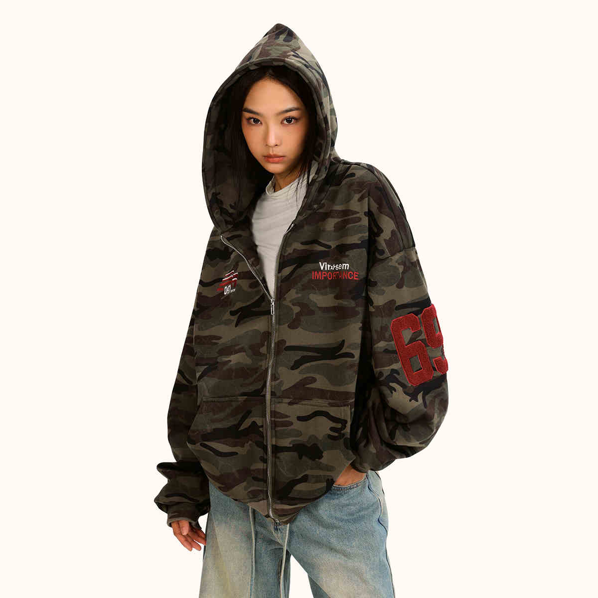 Fleece-Lined Camouflage Zip Hoodie for Women