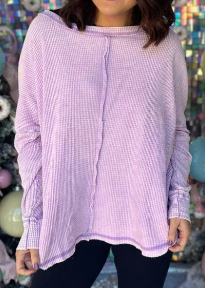 Women's Casual Washed Waffle Long-Sleeve Pullover Top
