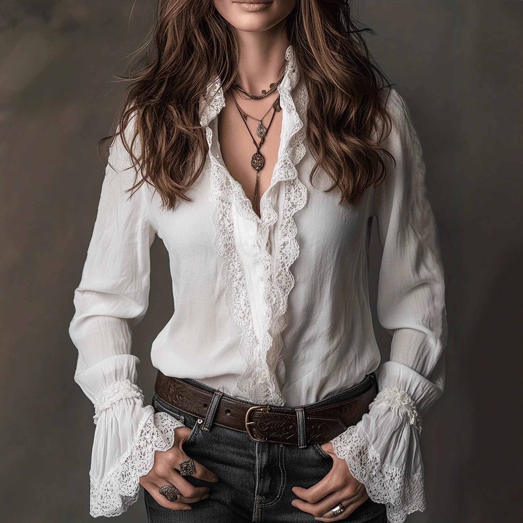 Womens Solid-Color Loose-Fit Patchwork Lightweight Lace Shirt