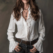 Womens Solid-Color Loose-Fit Patchwork Lightweight Lace Shirt