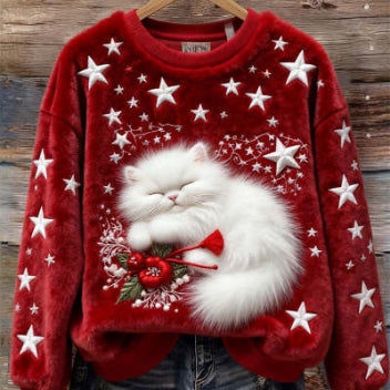3d Digital Printed Flannel Christmas Women's Crew-neck Sweater
