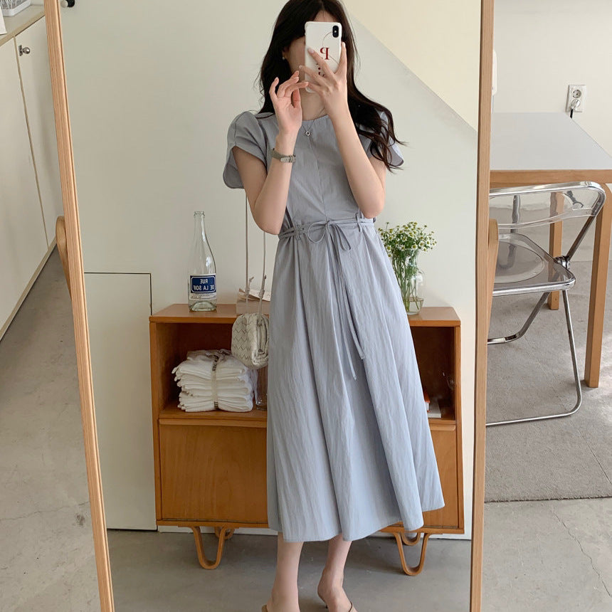 Fitted Waist Slightly Mature Style Elegant Flounce Maxi a Line Dress