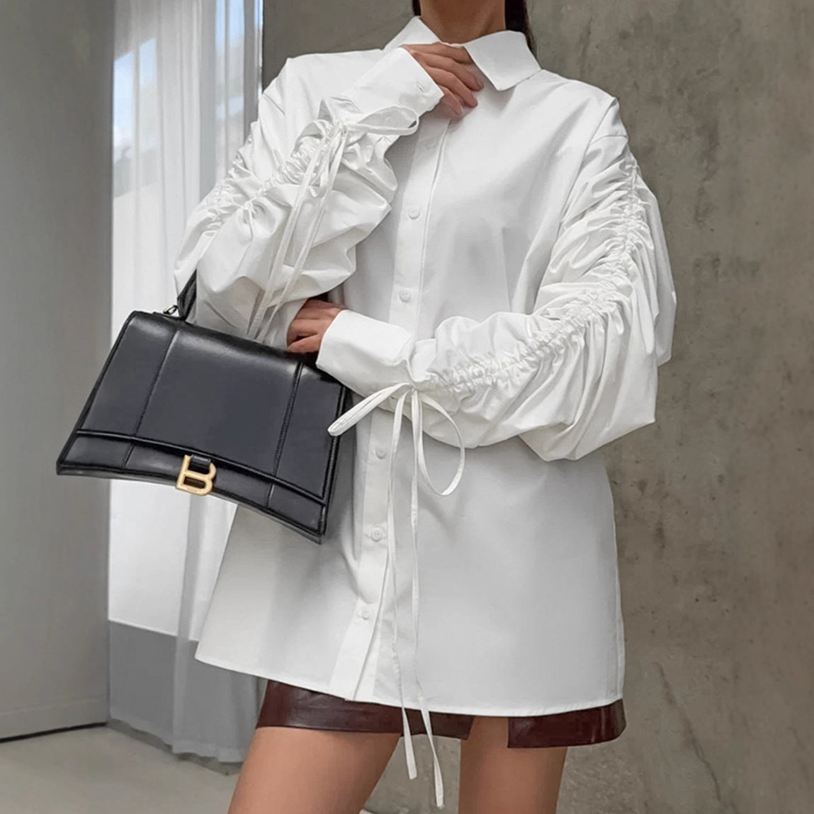 White Pure Cotton Drawstring Shirt Womens Loose Lace-up Lapel Blouse