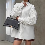 White Pure Cotton Drawstring Shirt Womens Loose Lace-up Lapel Blouse