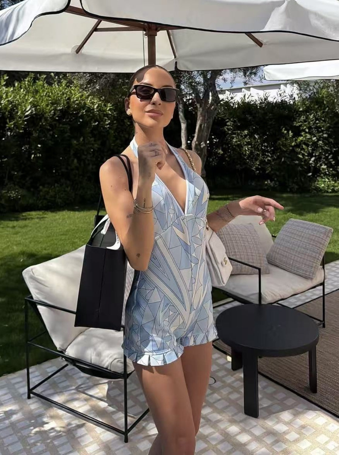 Chic Geometric Print Backless Halter Jumpsuit