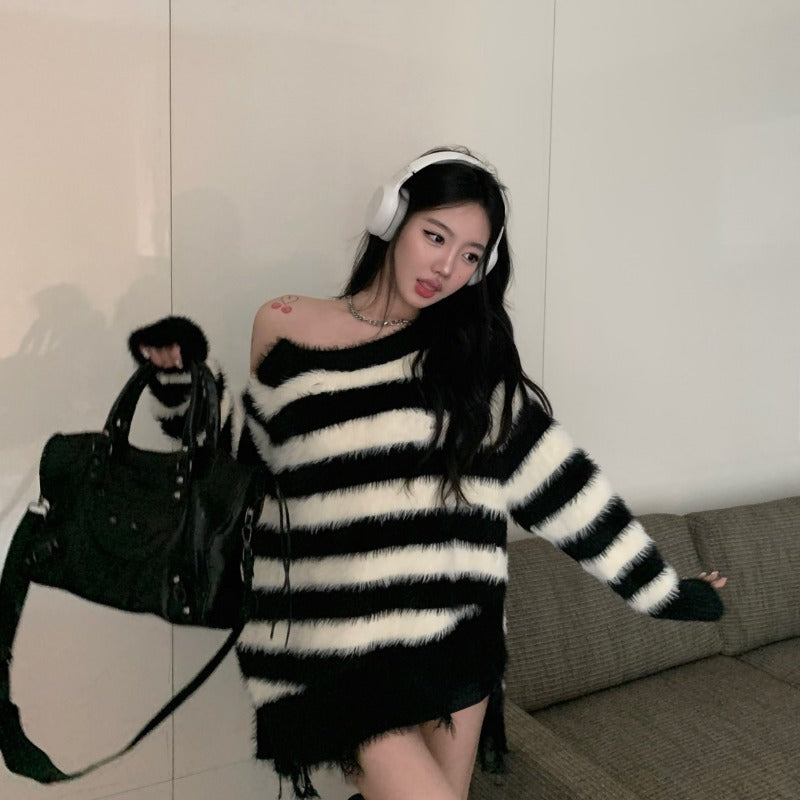 Cozy Striped Plush Pullover Zipper Sweater