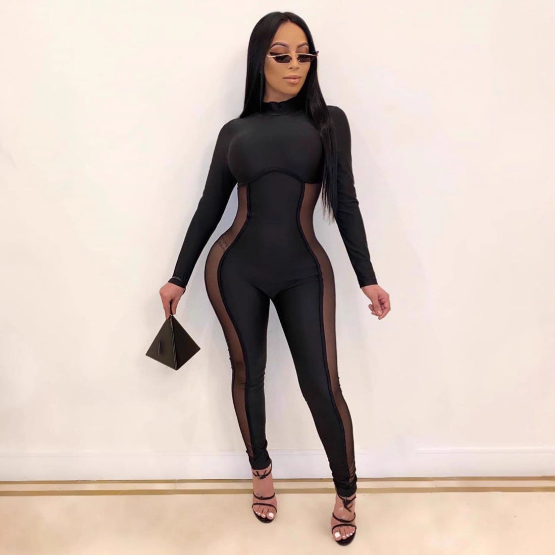 Sexy Mesh-Panel Long-Sleeve Jumpsuit for Women