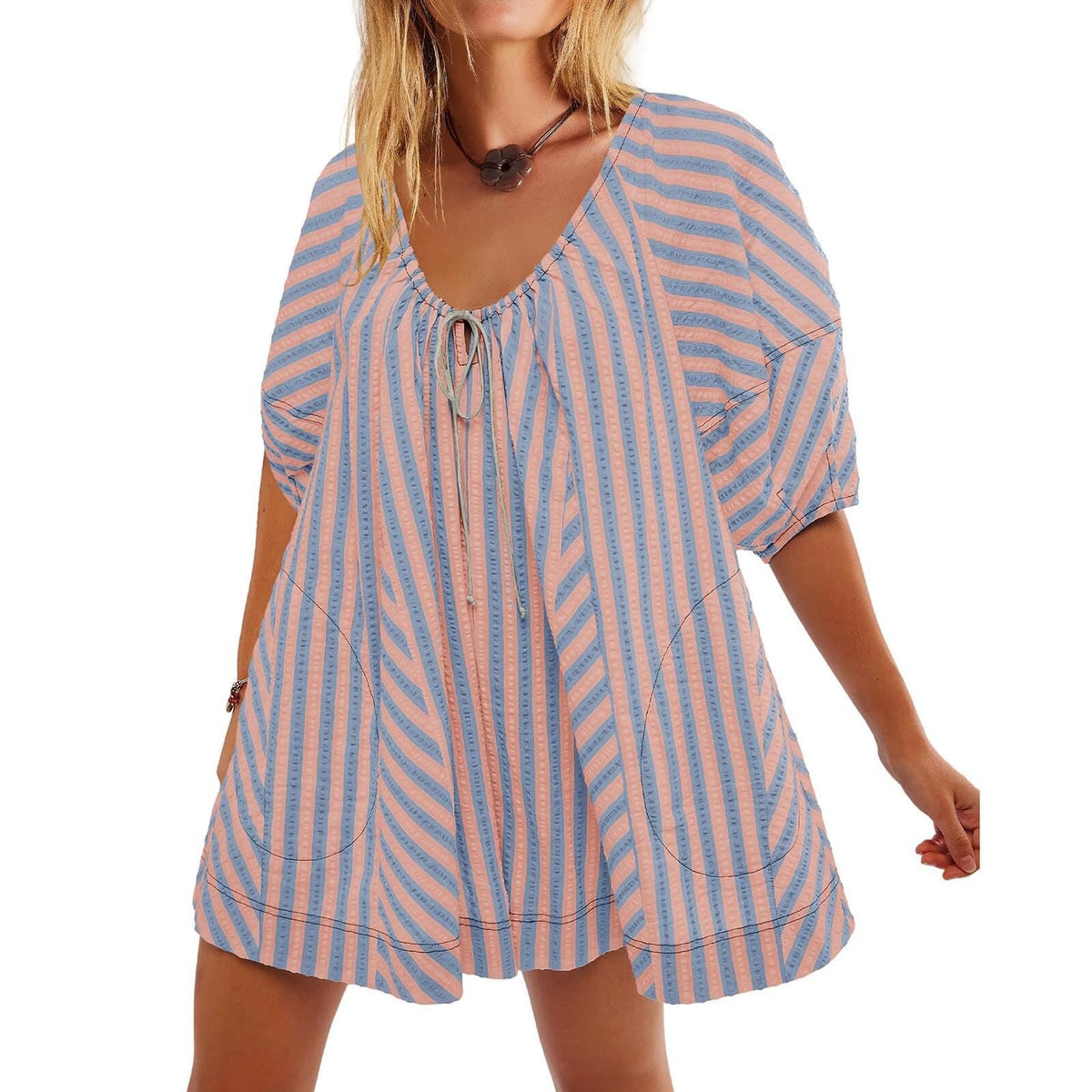 Striped V-Neck Short Sleeve Loose Casual Jumpsuit