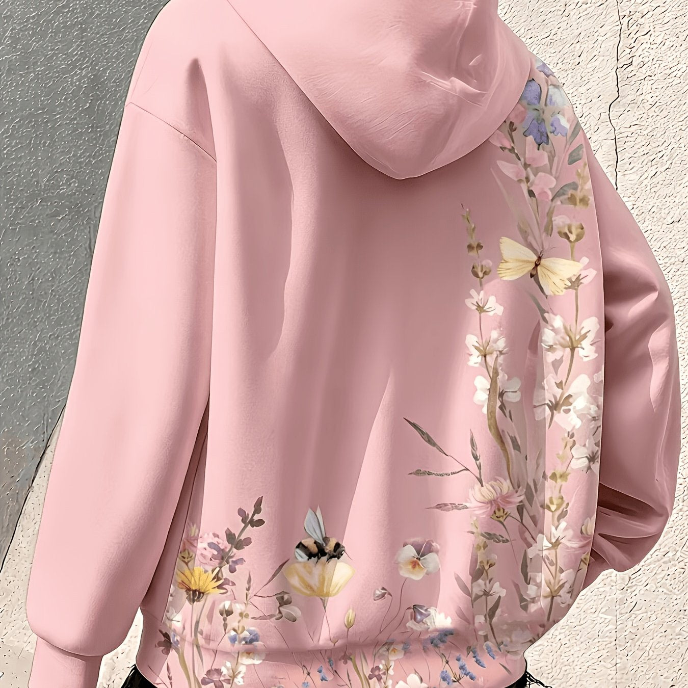 Women's Mint Green Floral Zip-Up Hoodie, Plus Size, Loose Fit, Front Pocket, Polyester, Lightweight All-Season Layer