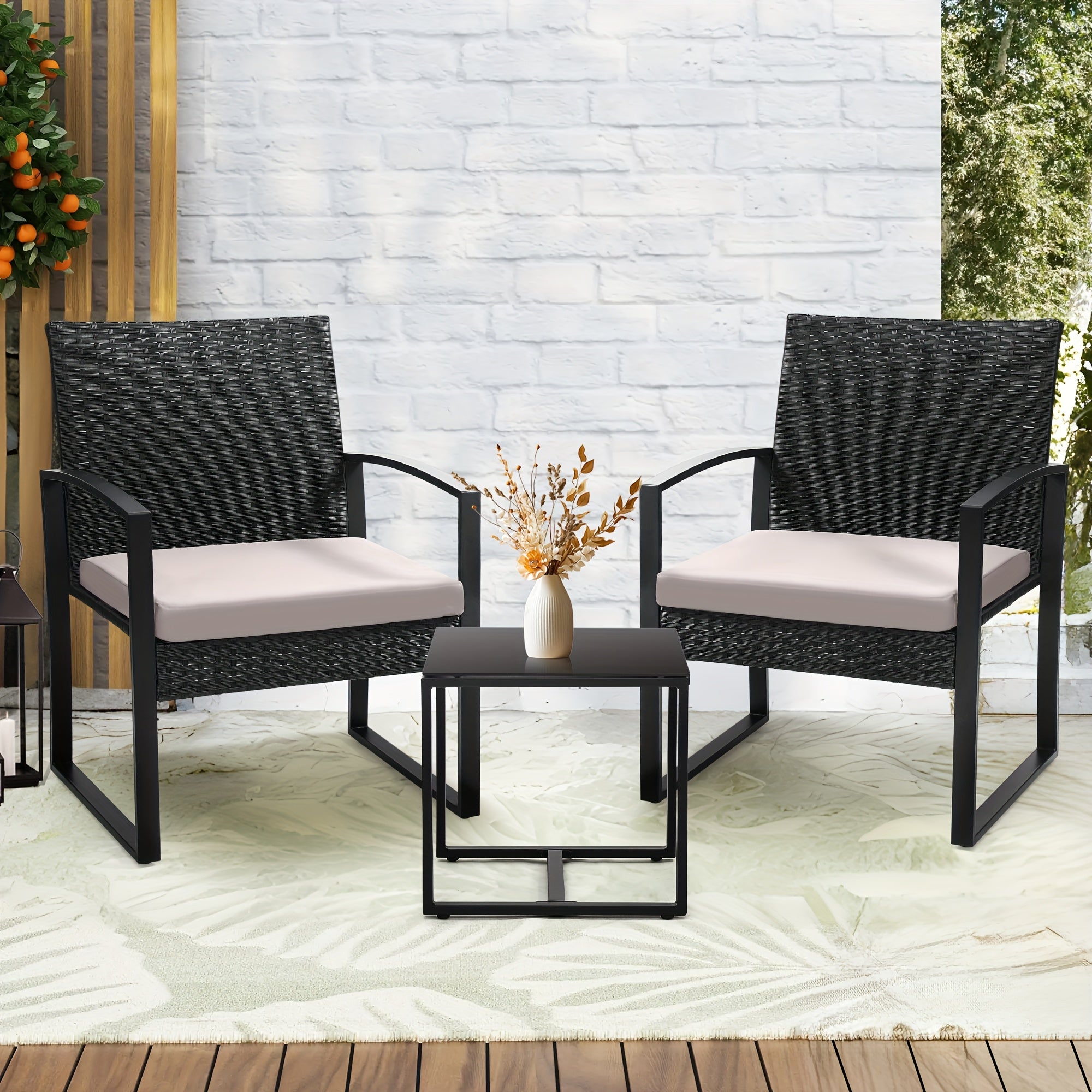 3pcs Rattan Bistro Set, Outdoor Patio Furniture Conversation Set Featuring 2 Chairs And 1 Safety Glass Top Table, with Plush Cushions, on, Perfect for Your Backyard