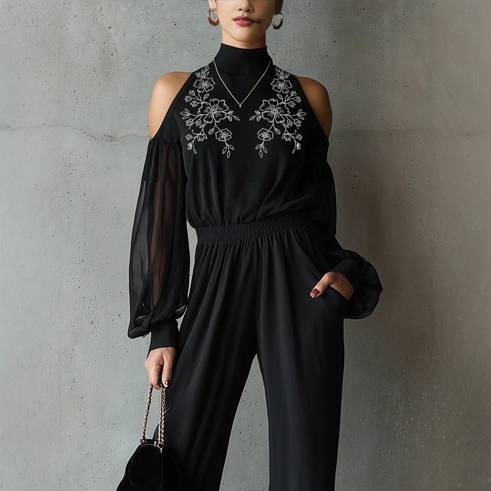 Black Embroidered Womens Long-Sleeve Wide-Leg Jumpsuit