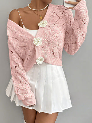 Elegant Solid-color Hollow-out Knit Cardigan for Europe and America