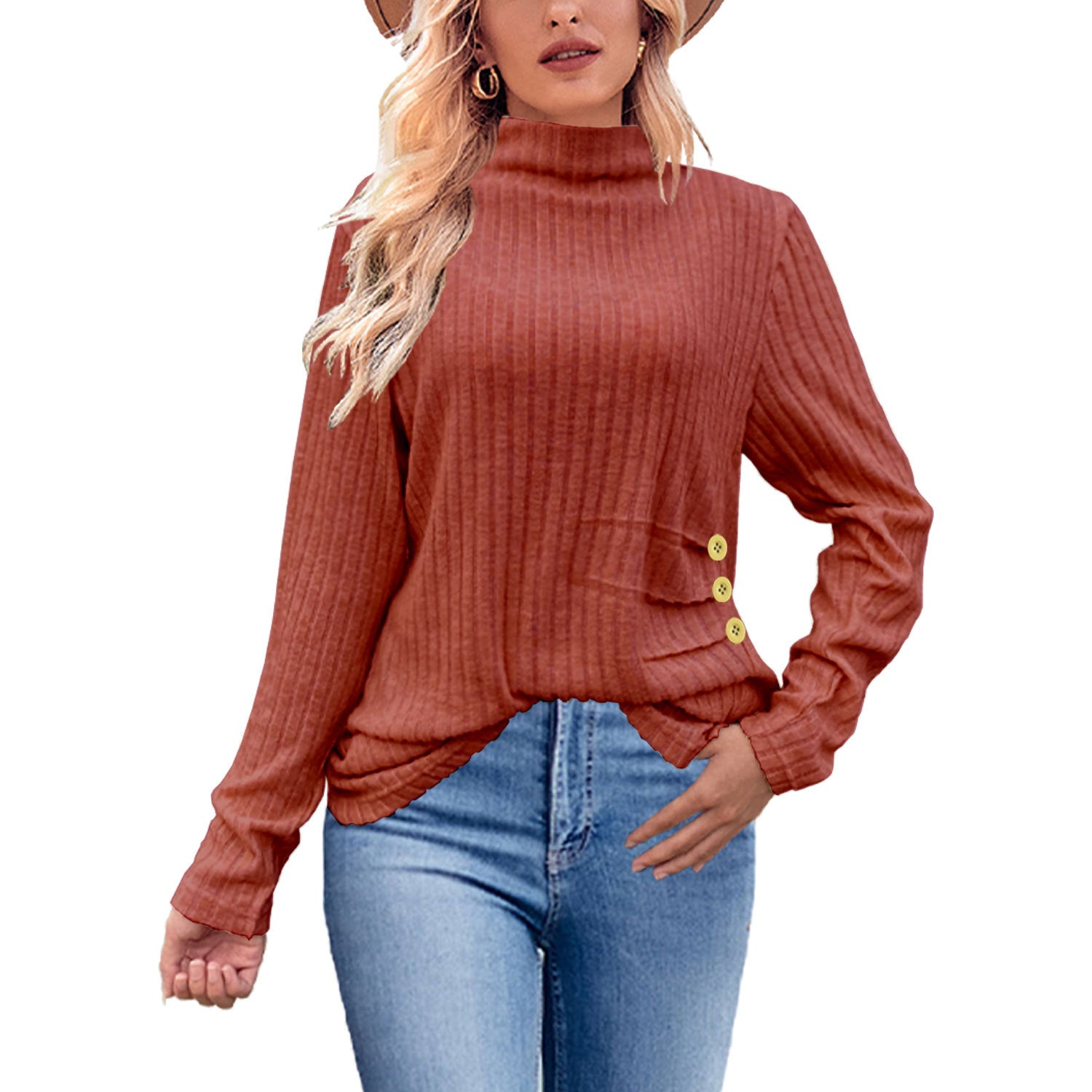 Chic Ribbed Turtleneck Sweater with Side Buttons