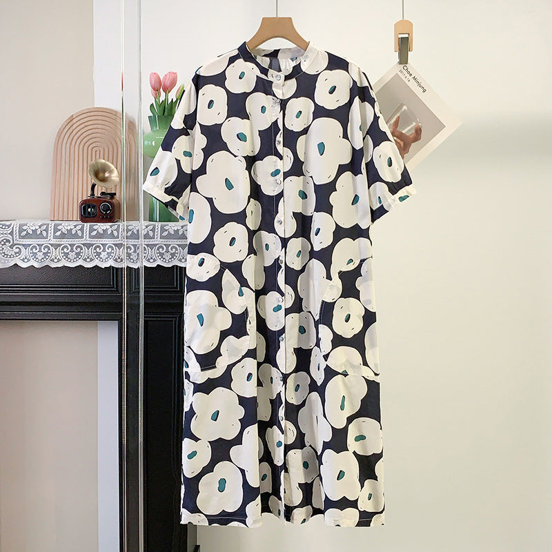 Long-length Loose-fitting Short-sleeved Dress with Floral Print