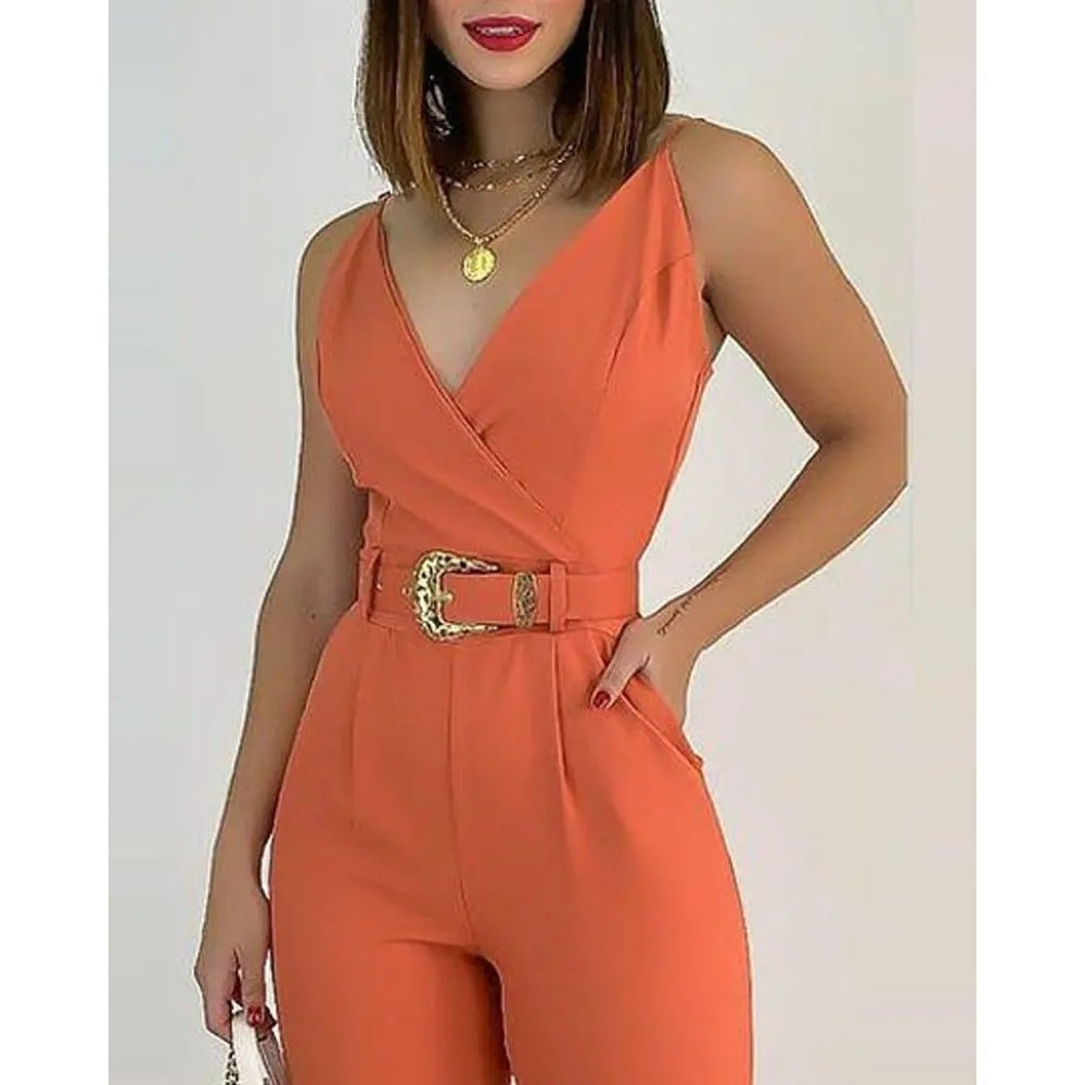 Women's V-Neck Lace-Up Solid Casual Jumpsuit