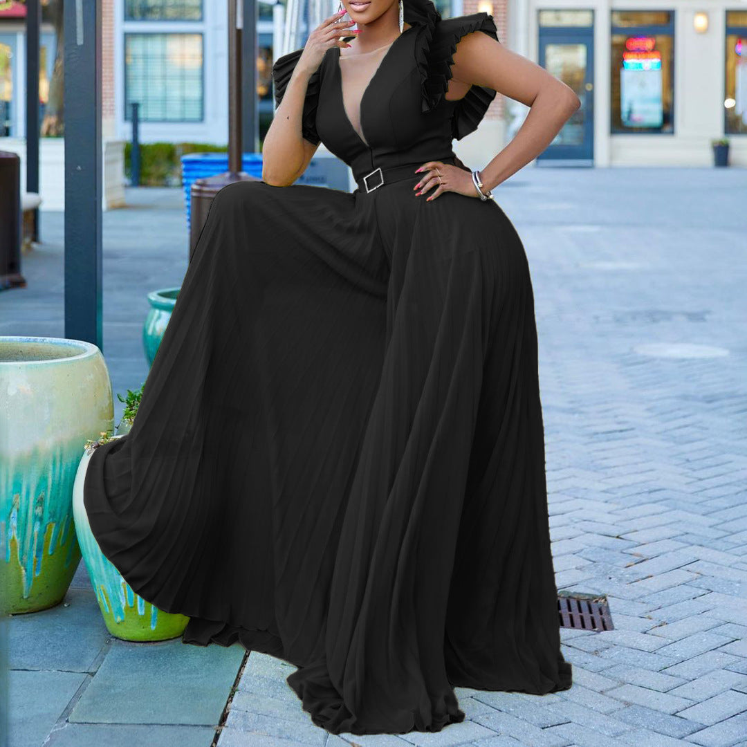 Plus-Size Pleated Wide-Leg Jumpsuit with Belt