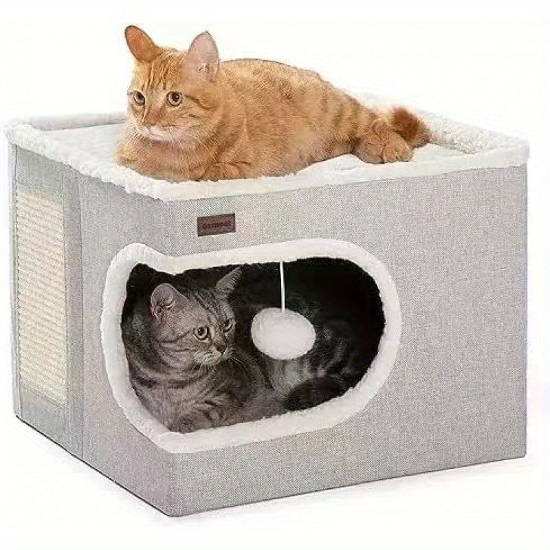 Luxurious Multi-layer Cat Tree House With 2-tier Bed, Plush Hanging Ball & Tunnel, Foldable Scratching Post - All-season Enclosure, Sturdy Nylon Frame & -like Canvas Cube Bed For Indoor Cats, Ideal