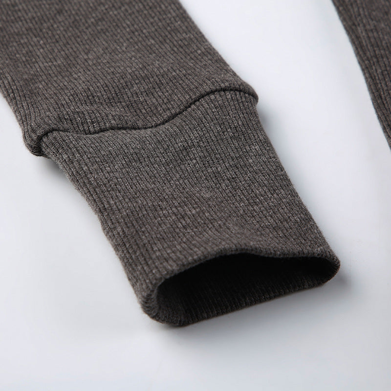 Women's Gray Ribbed Hooded Zip-Up Short Cardigan Sweater