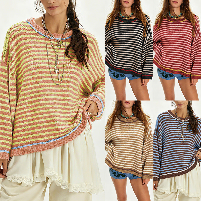 Casual Loose-fit Sweater with Color-block Striped Patchwork Womens Pullover Top