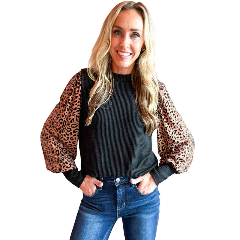 Chic Leopard Print Knitted Long-Sleeve Sweater