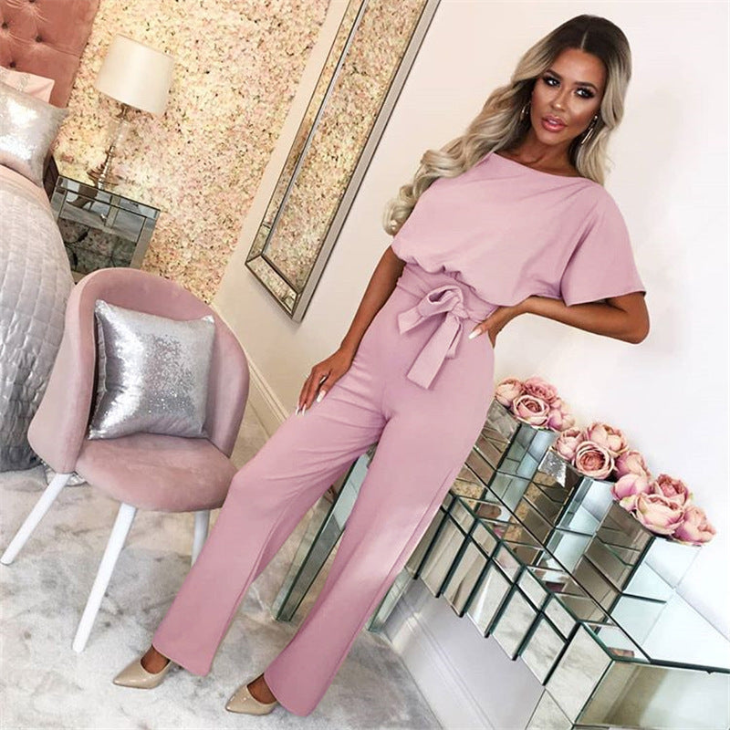 Women's Summer Button Lace-up Short-sleeved Jumpsuit