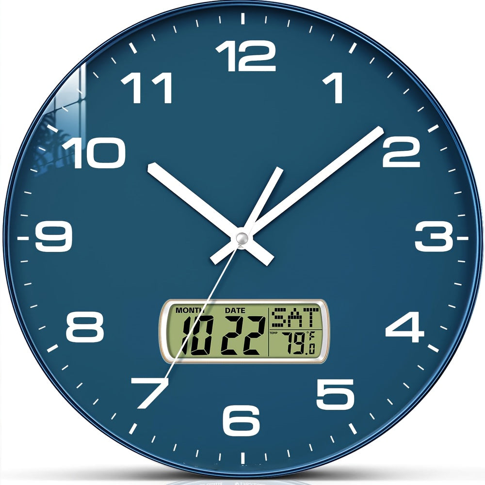 Silent Wall Clock With Large LCD Display - 12/ Inches, Multi-color Dial, Perpetual Calendar And Temperature, Metal Frame, Modern Home Decoration, Bedroom, Kitchen, Office, Living Room Wall Clock
