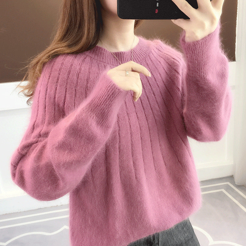 Womens Solid Color Short Pullover with Round Neck Loose Fitting Outerwear and Base Layer Knit Top