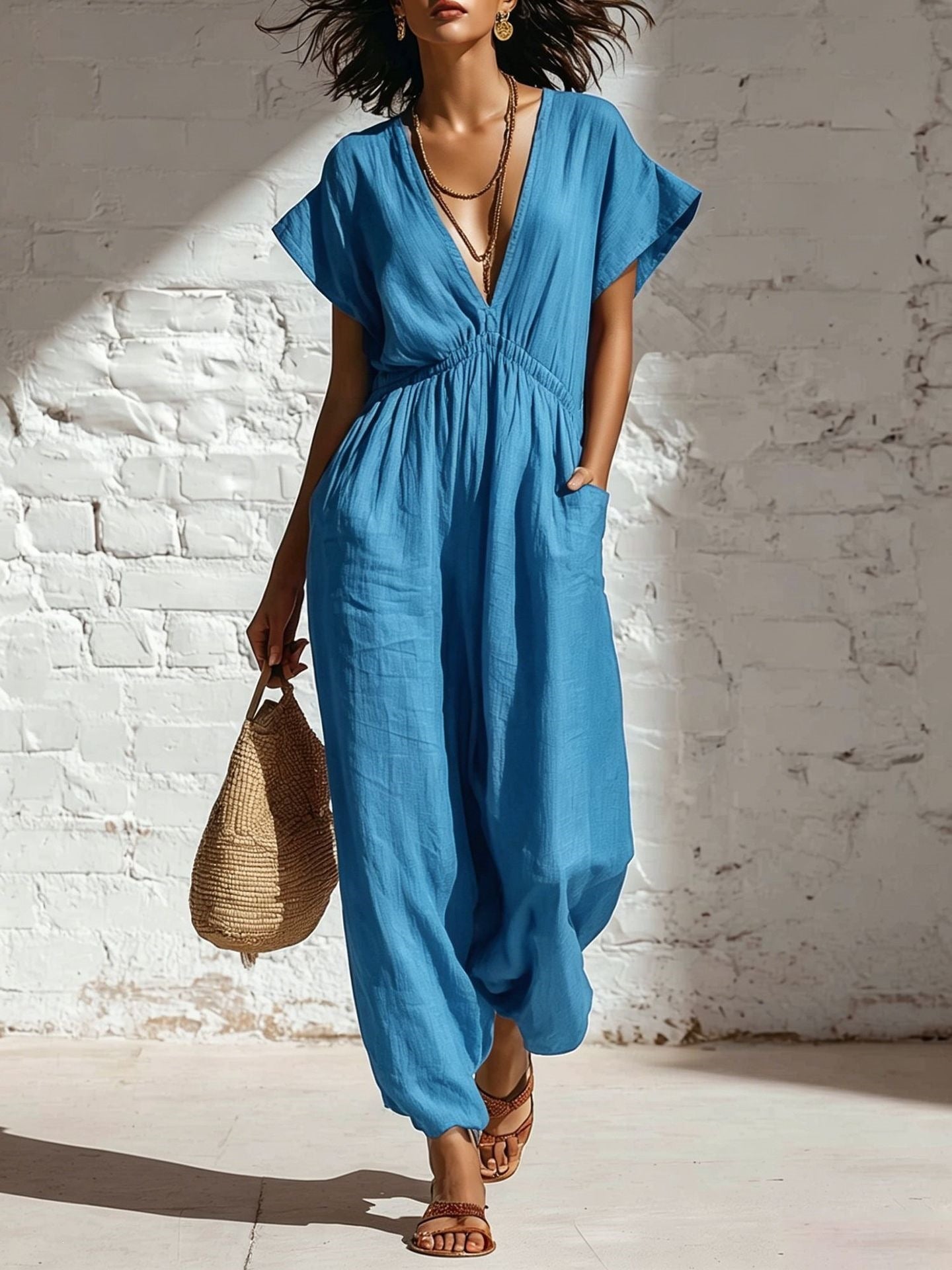 Womens V-neck Relaxed-fit Waist-cinching Jumpsuit