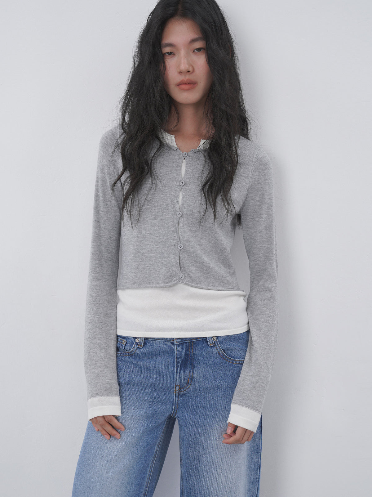 Fake Two-piece Hollow-out Knitted Sweater Womens Slim-fit Sweater