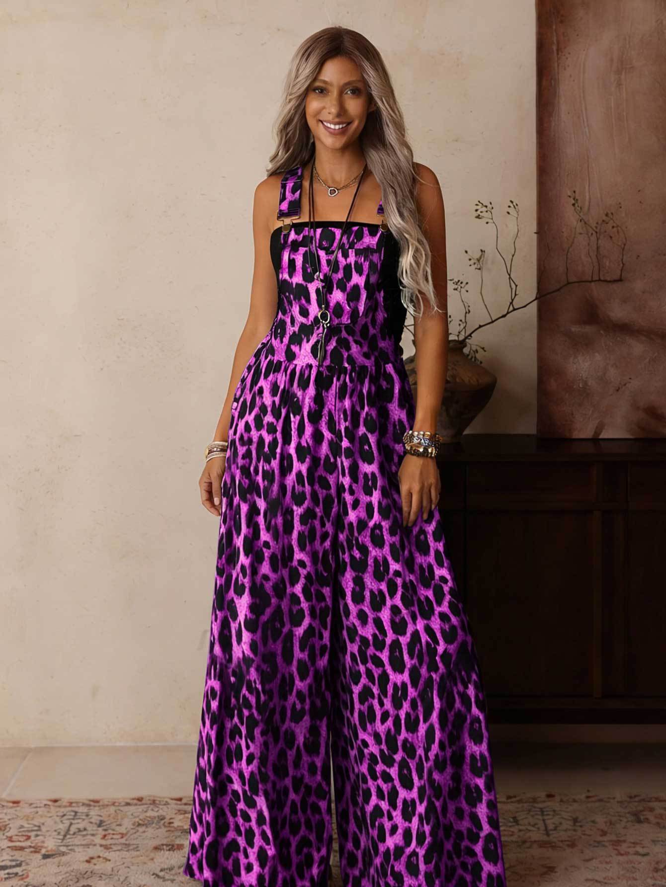 Women's Leopard Wide-Leg Casual Jumpsuit