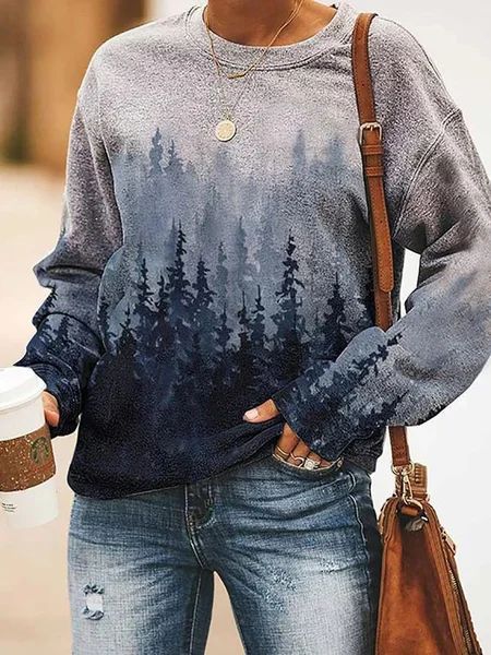 Floral Landscape Print Long Sleeve Pullover Sweatshirt