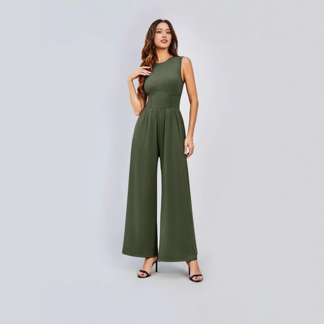Womens Round-neck Solid-color Sleeveless Slim-fit Long Casual Jumpsuit