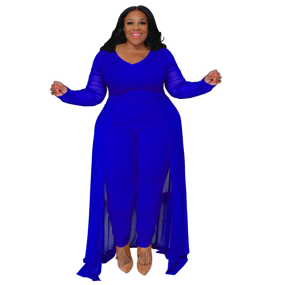 Women's Plus Size Stretch Long Sleeve Pocket Jumpsuit