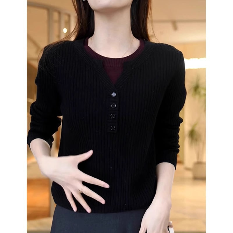 Autumn and Winter New Round Neck Fake Two-piece Knitted Sweaters Women's Warm Padded Top