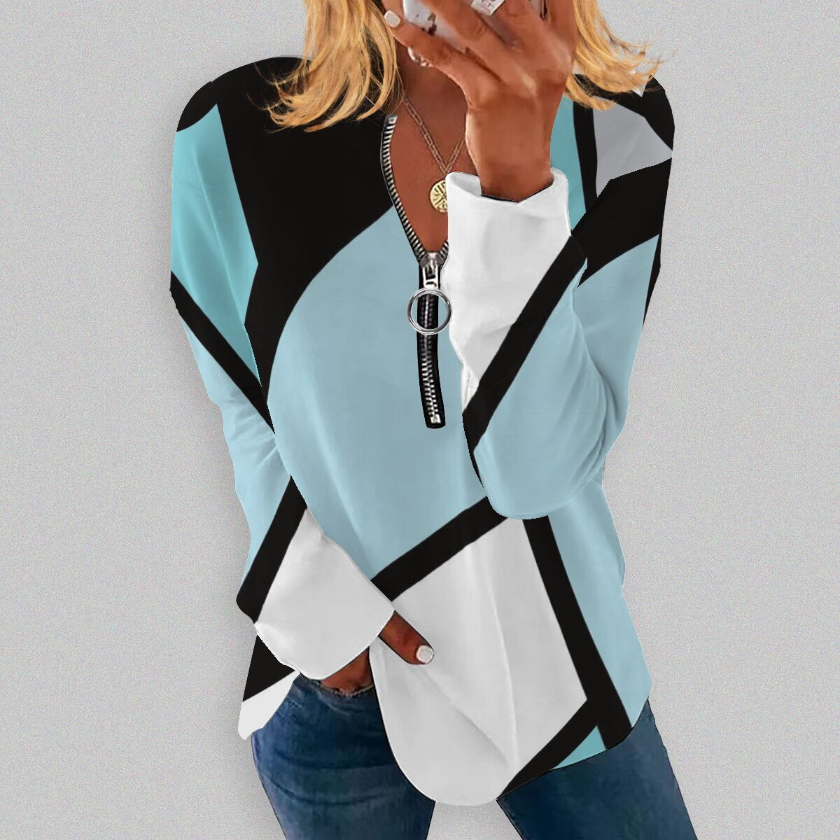 Geometric Print Retro Long-Sleeve Zip Pullover