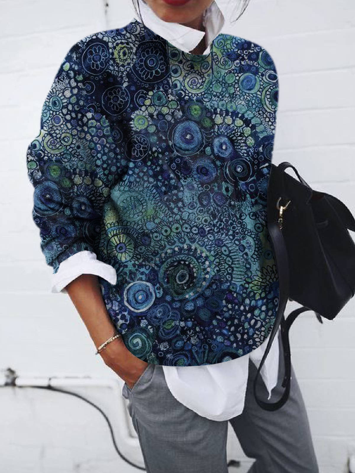 Ladies Fashion Brushed Geometric Print Loose Long Sleeve Hoodie