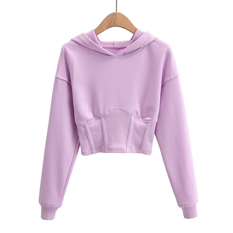European And American Slim Fitting Navel Solid Hooded Sweater